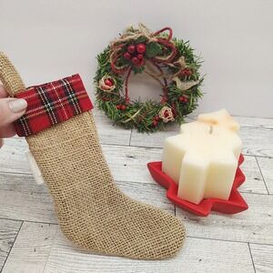 Rustic Holiday Decor Set • Chesapeake Bay Candle • Burlap Stocking • Mini Wreath